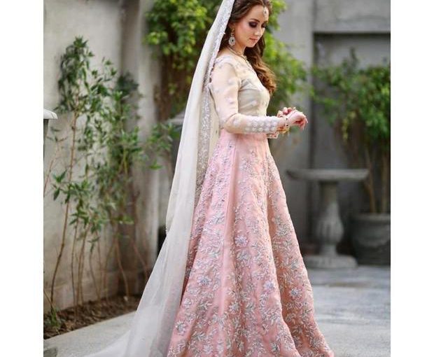 Online Pakistani Bridal Dress for Walima in Soft Colors – Nameera by Farooq